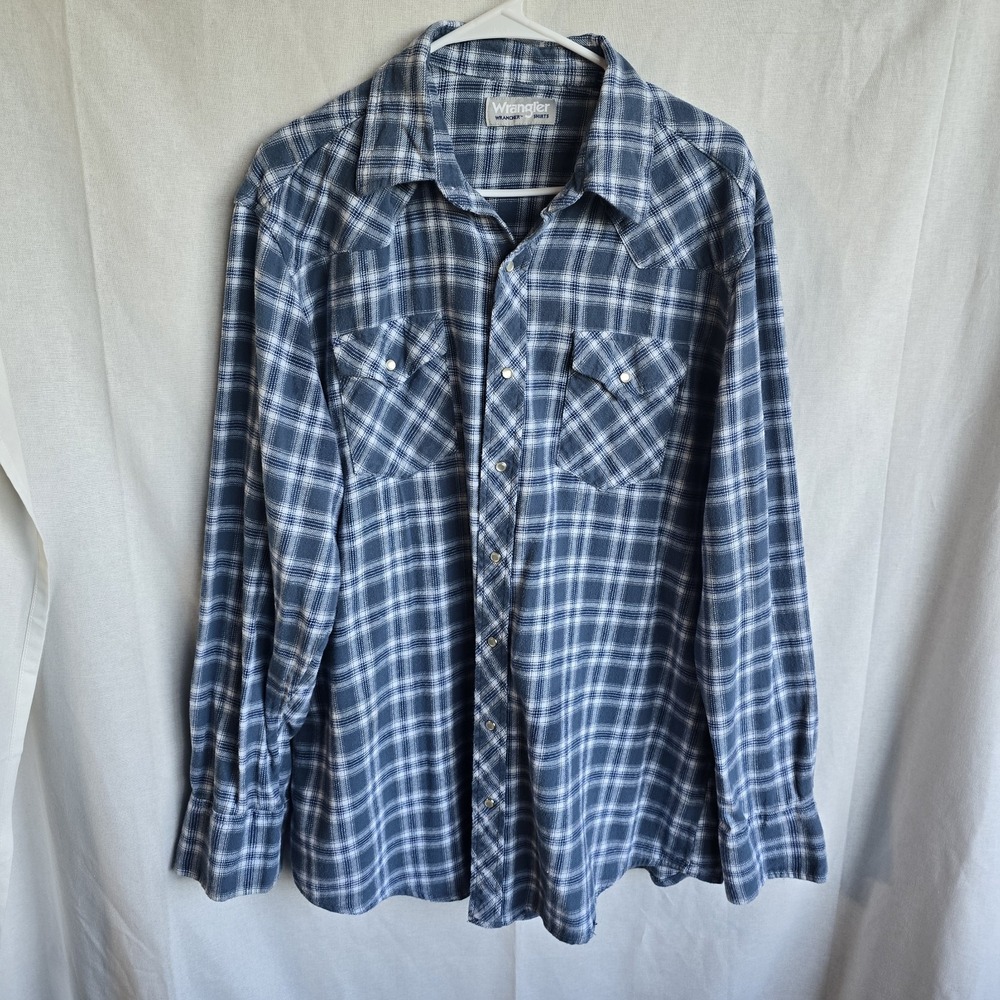 Wrangler Men's M Western Pearl Snap Shirt Blue Plaid Long Sleeve Cowboy